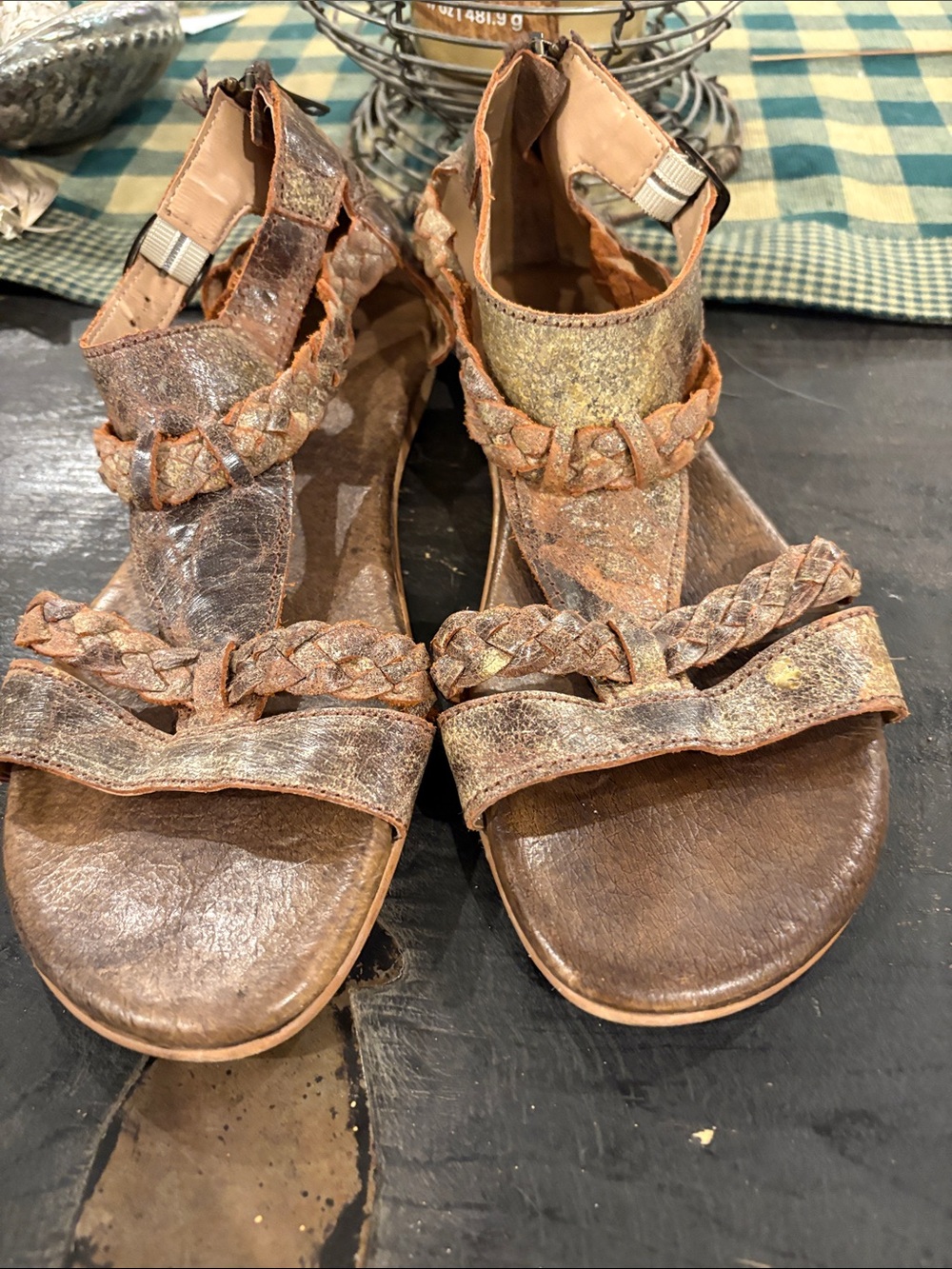 Braided T-Strap Women’s Sandals in Distressed Brown